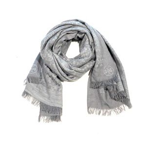 Tory Burch Grey Long Rectangle Fringe Scarf